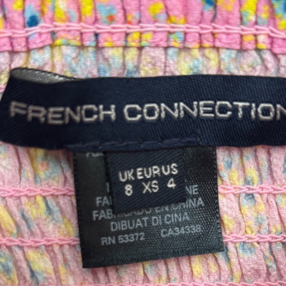French Connection Pink Floral Smocked Mini Dress Ruffle Hem Size 4 XS - Picture 2 of 4
